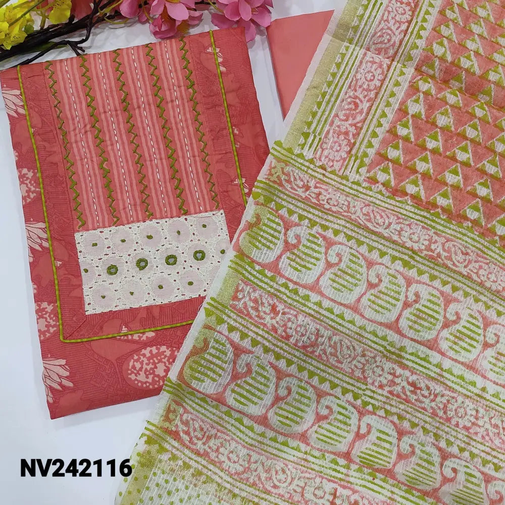 CODE NV242116: Bright peachish pink printed soft cotton unstitched salwar material thread& real mirror work