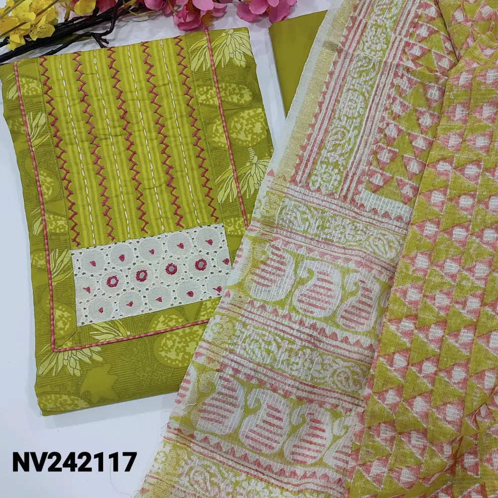 CODE NV242117: Bright mossy green printed soft cotton unstitched salwar material thread& real mirror work