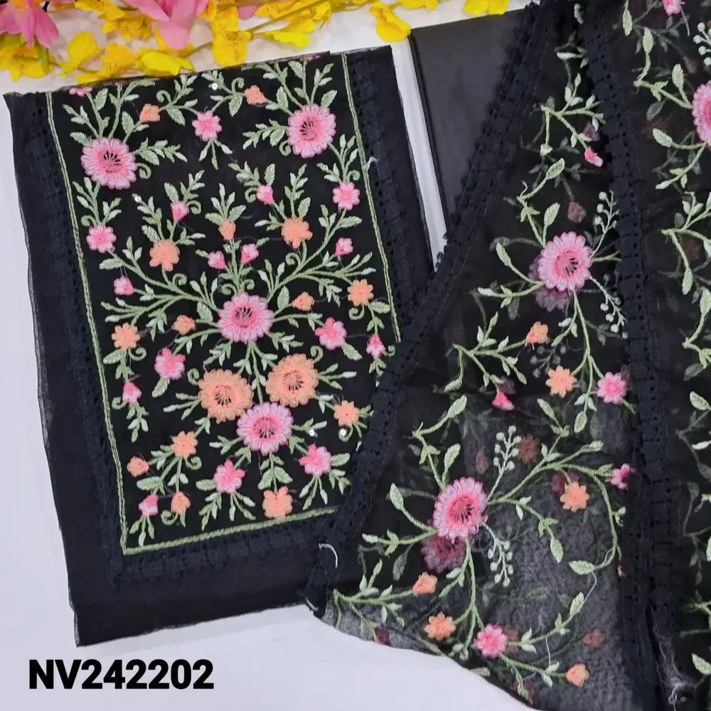 CODE NV242202: Black noil unstitched salwar material rich embroidered on yoke(netted fabric lining needed)matching