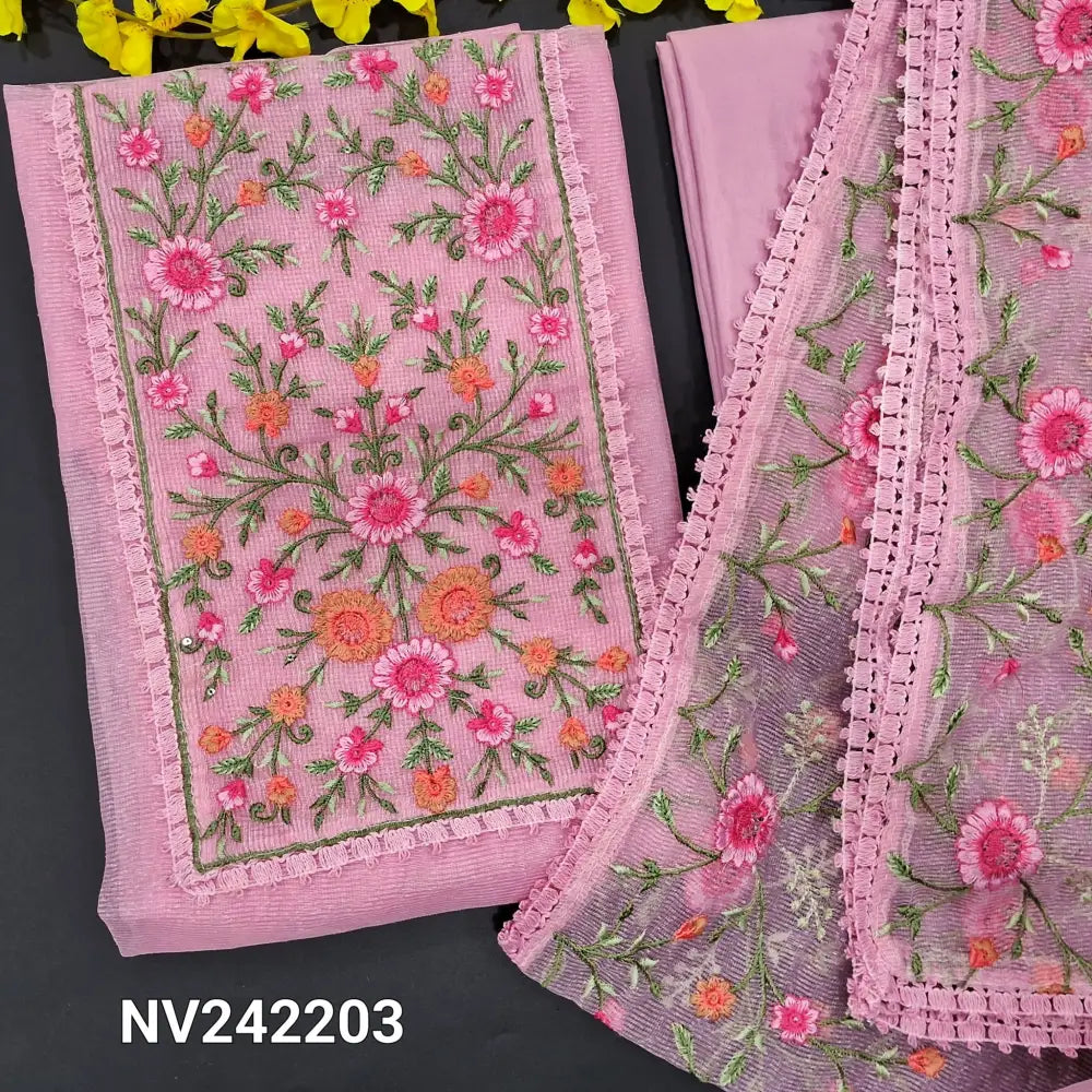 CODE NV242203: Pastel pink noil unstitched salwar material rich embroidered on yoke(netted fabric lining