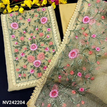 CODE NV242204: Pastel yellow noil unstitched salwar material rich embroidered on yoke(netted fabric lining