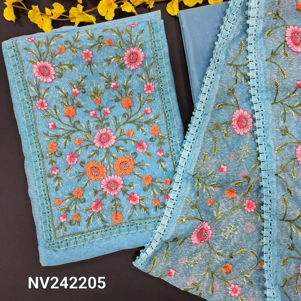 CODE NV242205: Sky blue noil unstitched salwar material rich embroidered on yoke(netted fabric lining needed)matching