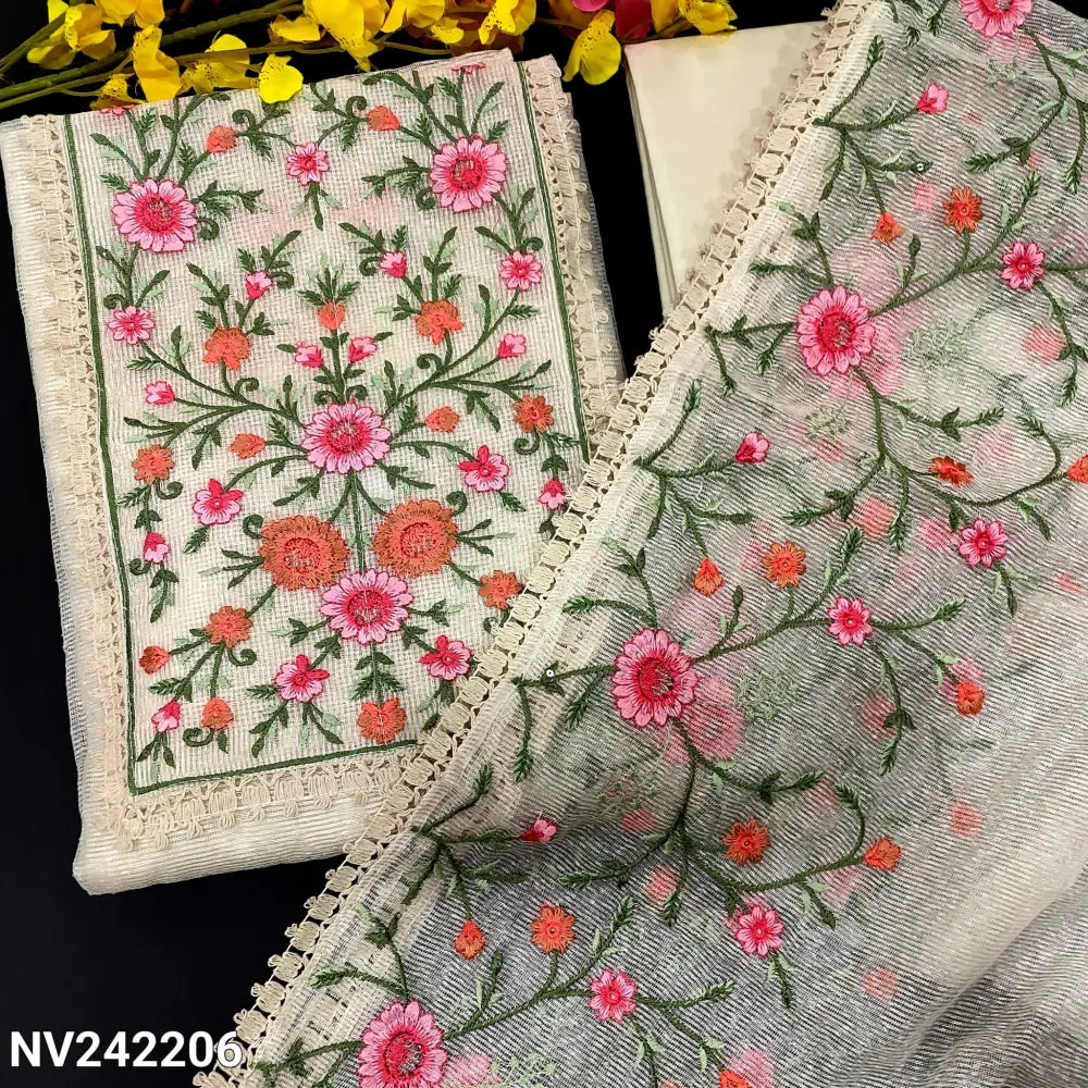 CODE NV242206: Half white noil unstitched salwar material rich embroidered on yoke(netted fabric lining needed)matching