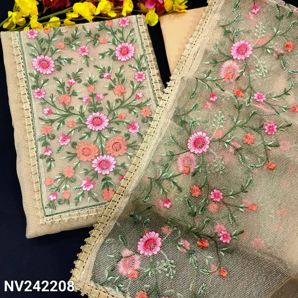 CODE NV242208: Light beige noil unstitched salwar material rich embroidered on yoke(netted fabric lining