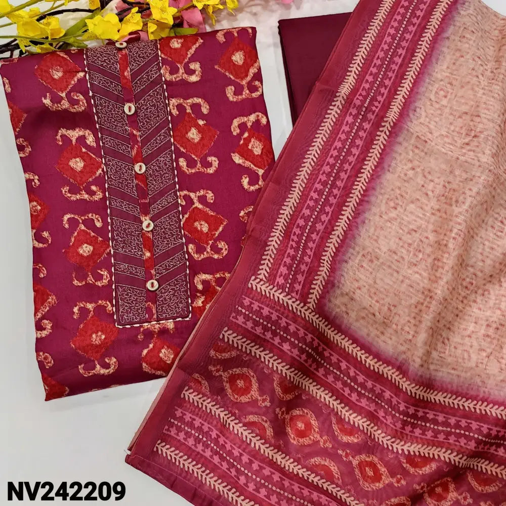CODE NV242209: Rani pink printed soft satin cotton unstitched salwar material thread& buttons on yoke(lining