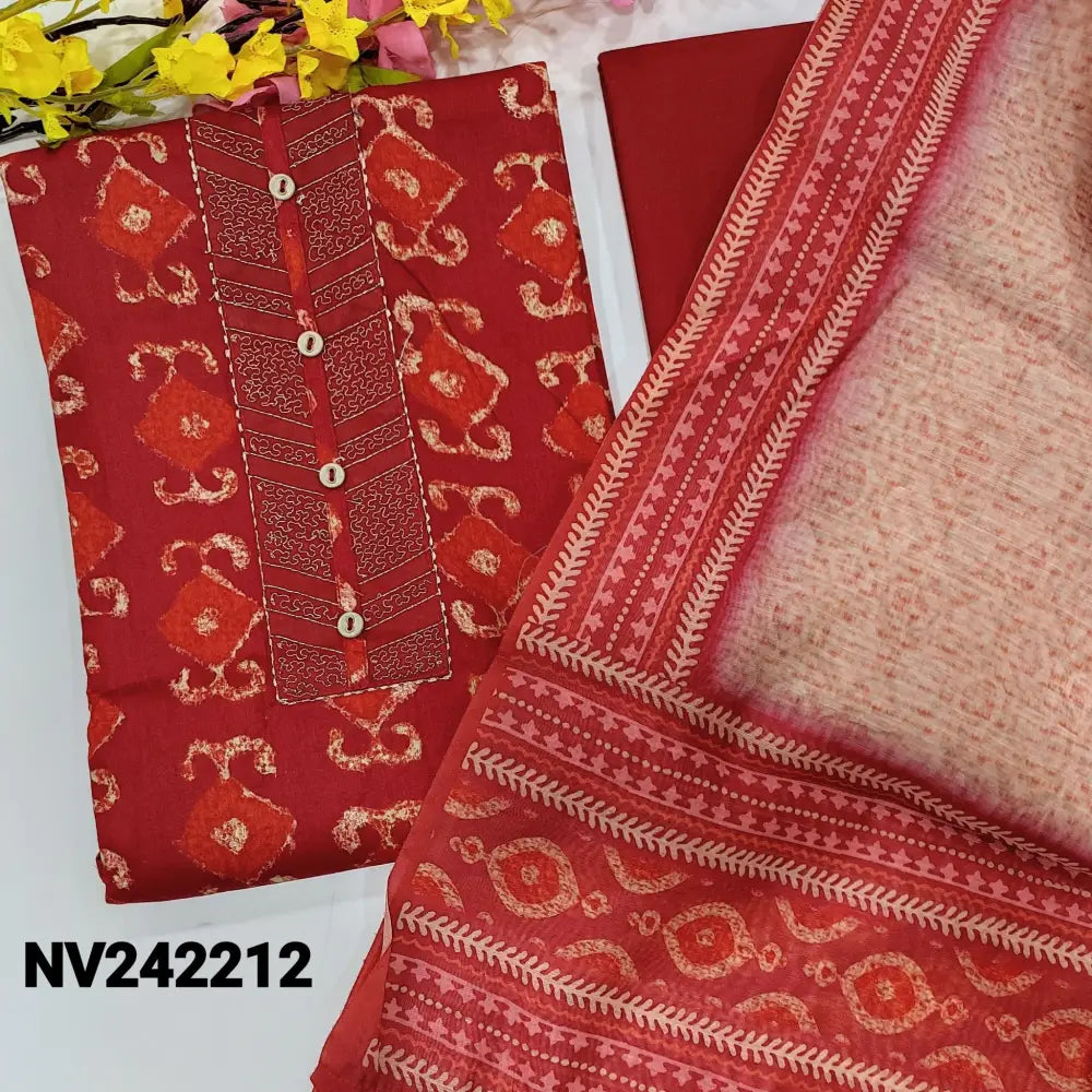 CODE NV242212: Reddish maroon printed soft satin cotton unstitched salwar material thread& buttons on yoke(lining