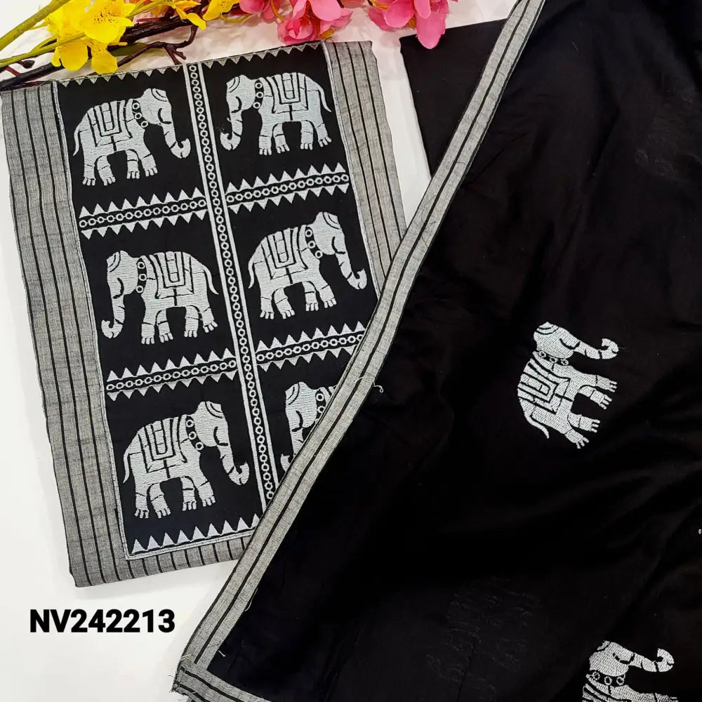 CODE NV242213: Grey base south handloom cotton unstitched salwar material elephant embroidered on yoke(lining