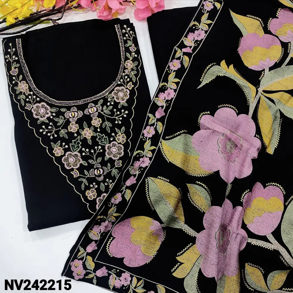 CODE NV242215: Black premium silk cotton unstitched salwar material embroidered& sequins work on yoke(lining