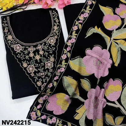 CODE NV242215: Black premium silk cotton unstitched salwar material embroidered& sequins work on yoke(lining