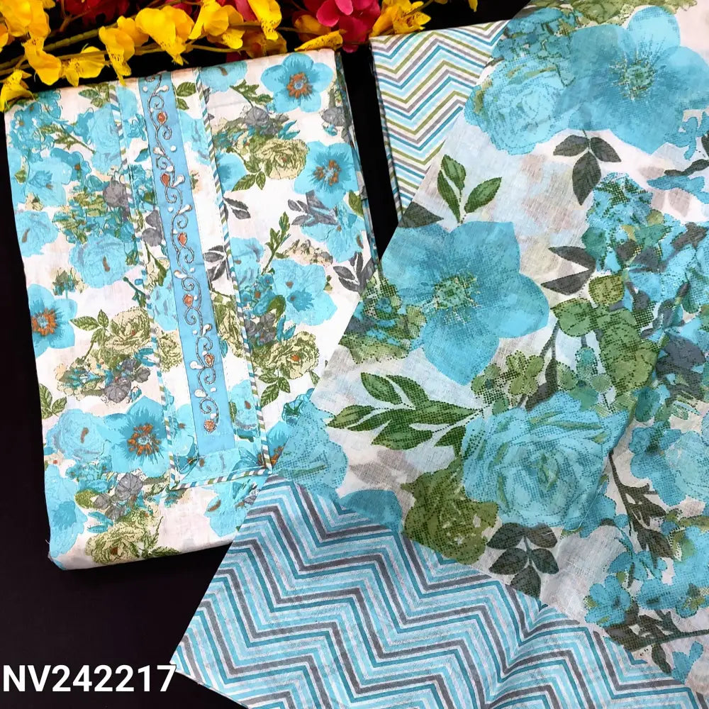 CODE NV242217: White base blue floral printed soft cotton unstitched salwar material zari& sequins work on yoke(lining