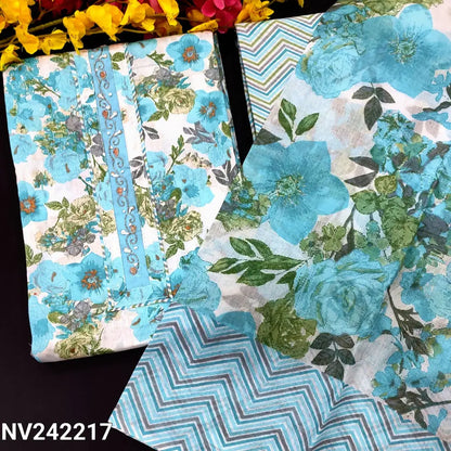 CODE NV242217: White base blue floral printed soft cotton unstitched salwar material zari& sequins work on yoke(lining