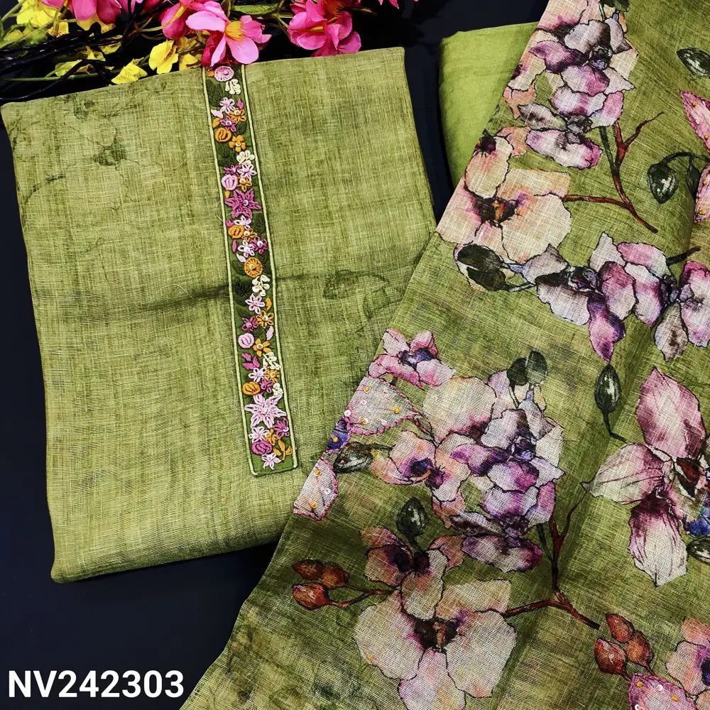 CODE NV242303: Cardamom green with golden tint designer abstract printed tissue linen unstitched salwar material hand