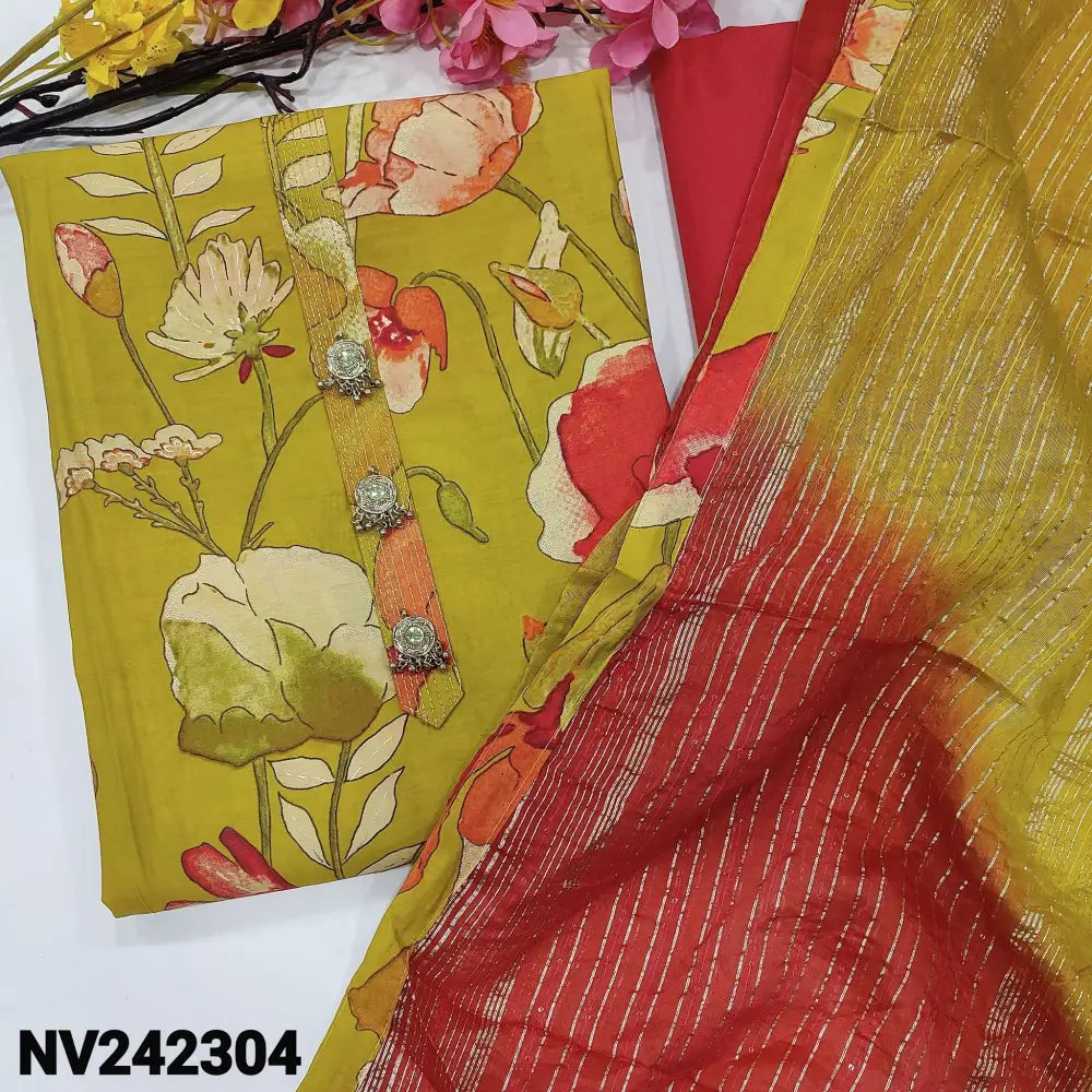 CODE NV242304: Mehandhi yellow printed modal maslin unstitched salwar material fancy buttons on yoke(lining needed)dark