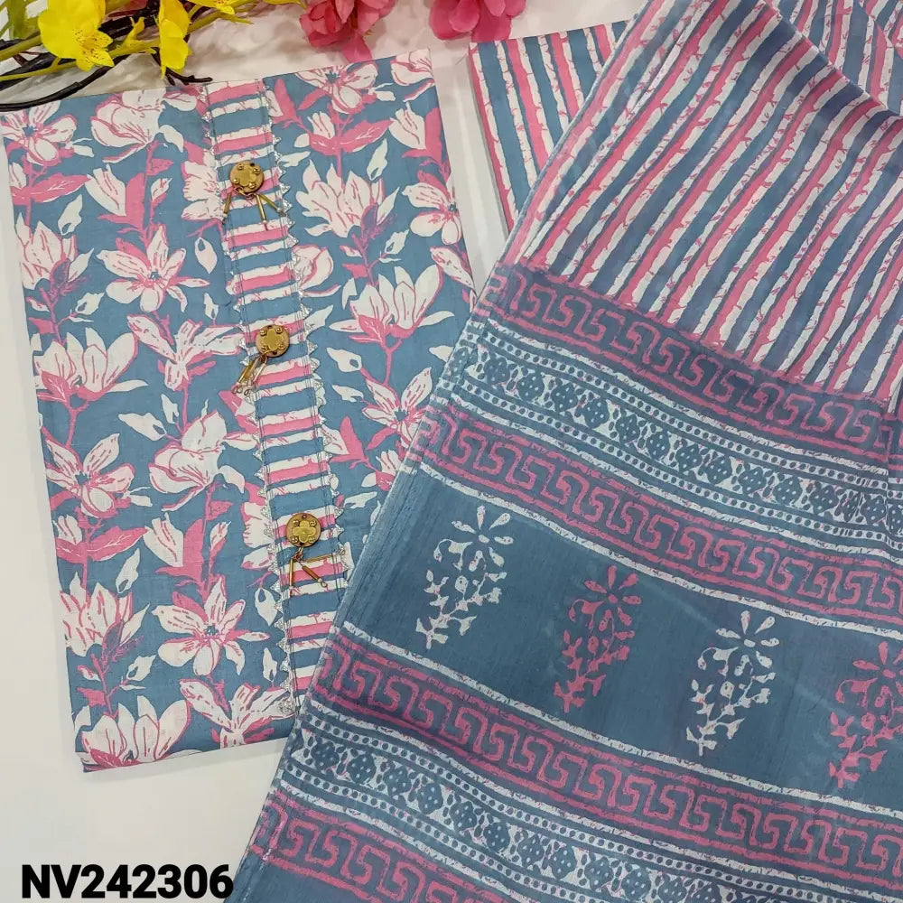 CODE NV242306: Bluish grey floral printed soft cotton unstitched salwar material fancy buttons on yoke(lining