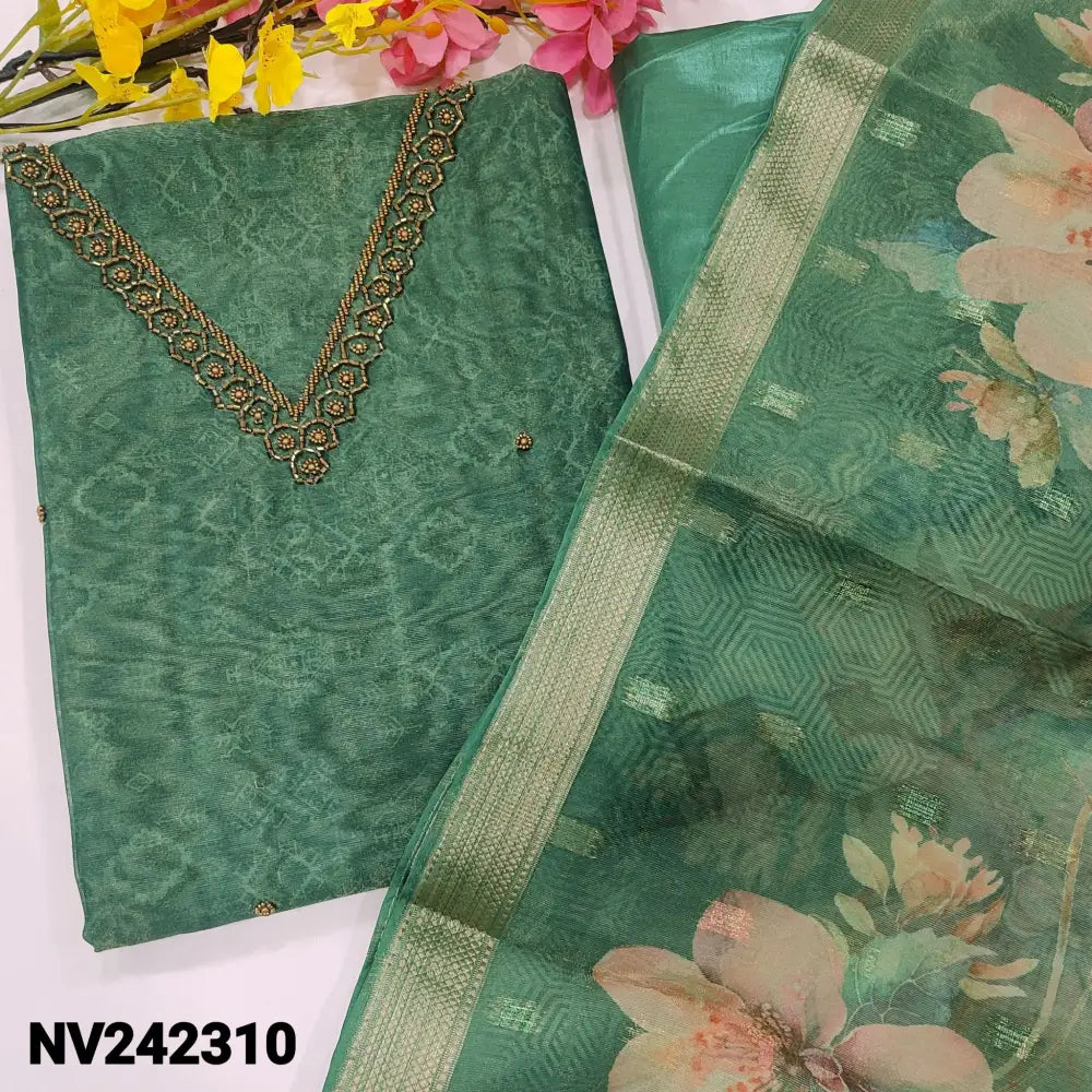 CODE NV242310: Teal green sobar digital printed tissue silk cotton unstitched salwar material v neck bead work on yoke&