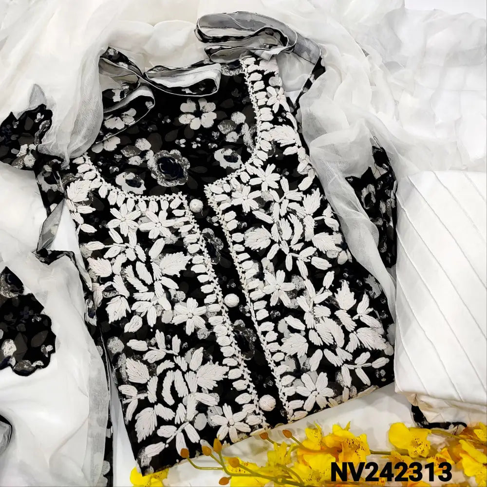CODE NV242313: Black printed premium cotton unstitched salwar material heavy embroidered on yoke(lining optional)white