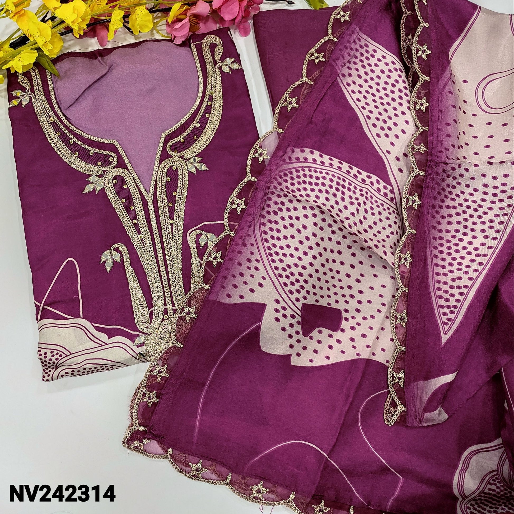 CODE NV242314: Dark beetroot purple digital printed premium russian silk unstitched salwar material zari &real mirror