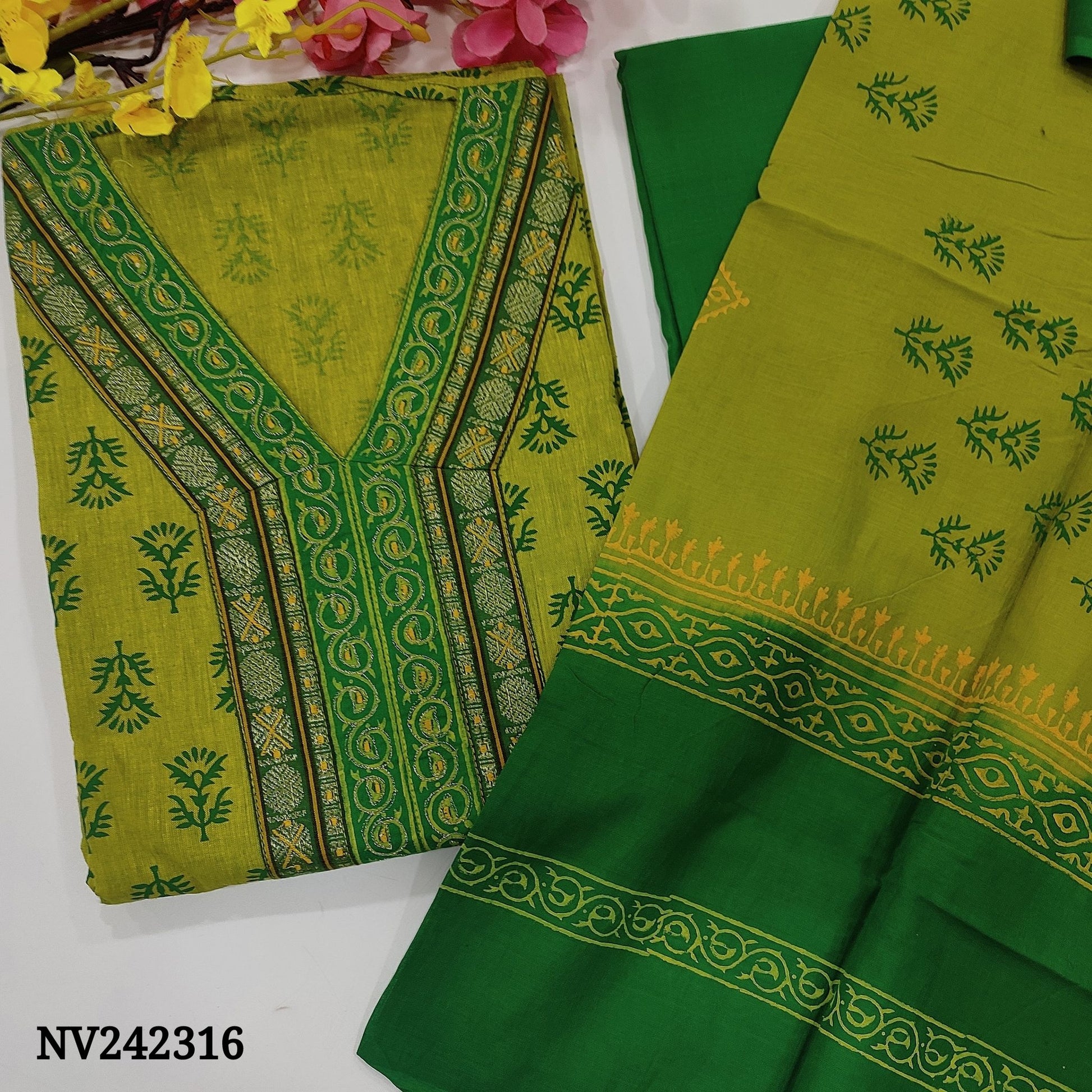 CODE NV242316: Bright green printed south handloom cotton unstitched salwar material v neck with zari& thread