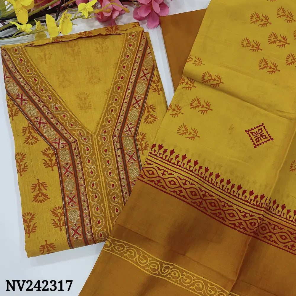 CODE NV242317: Light yellow printed south handloom cotton unstitched salwar material v neck with zari& thread