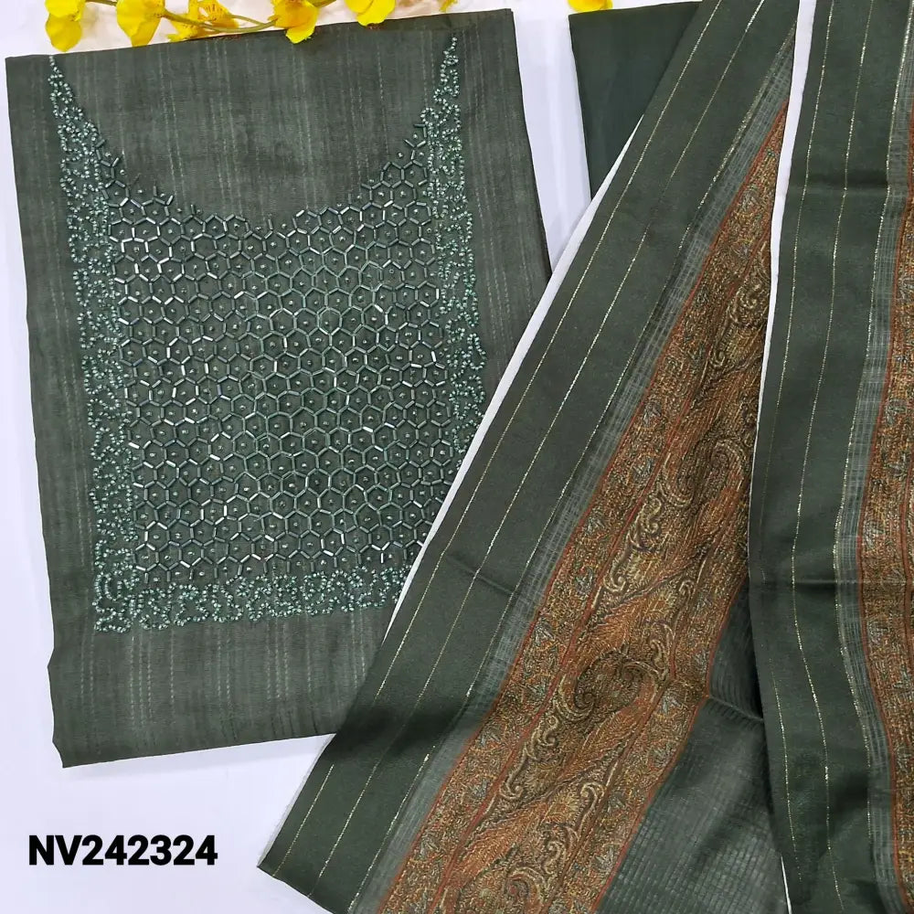 CODE NV242324: Dark cement green fancy silk cotton unstitched salwar material bead work on yoke self weaving design all