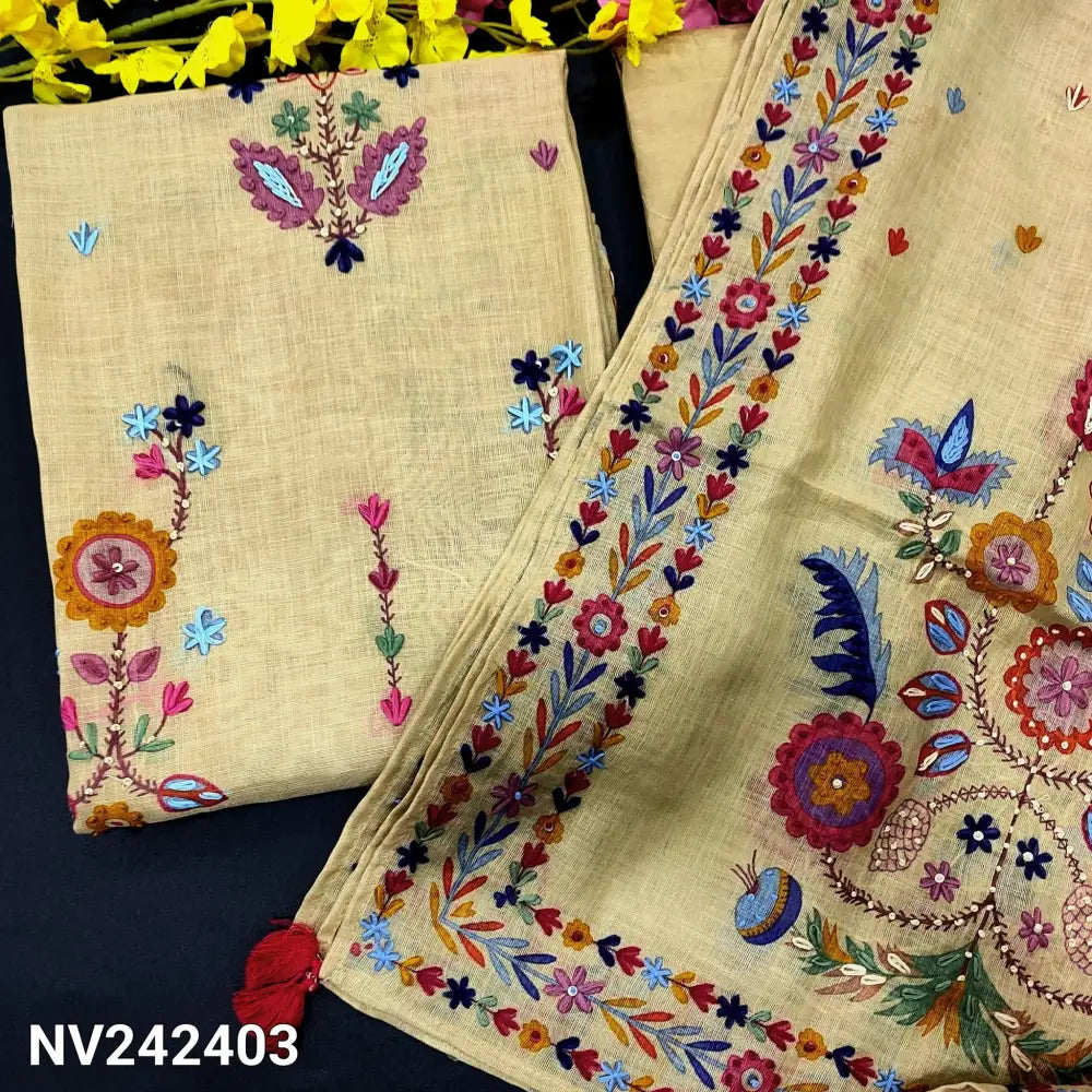 CODE NV242403: Dark yellowish beige digital printed pure linen unstitched salwar material heavy hand embroidered