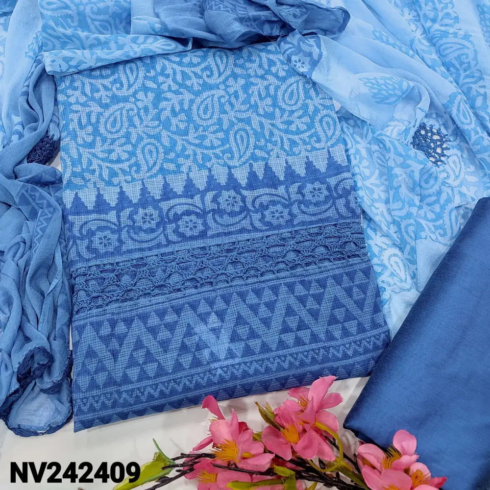 CODE NV242409: Dark& light blue fancy super net unstitched salwar material crochet lace work on front(netted fabric