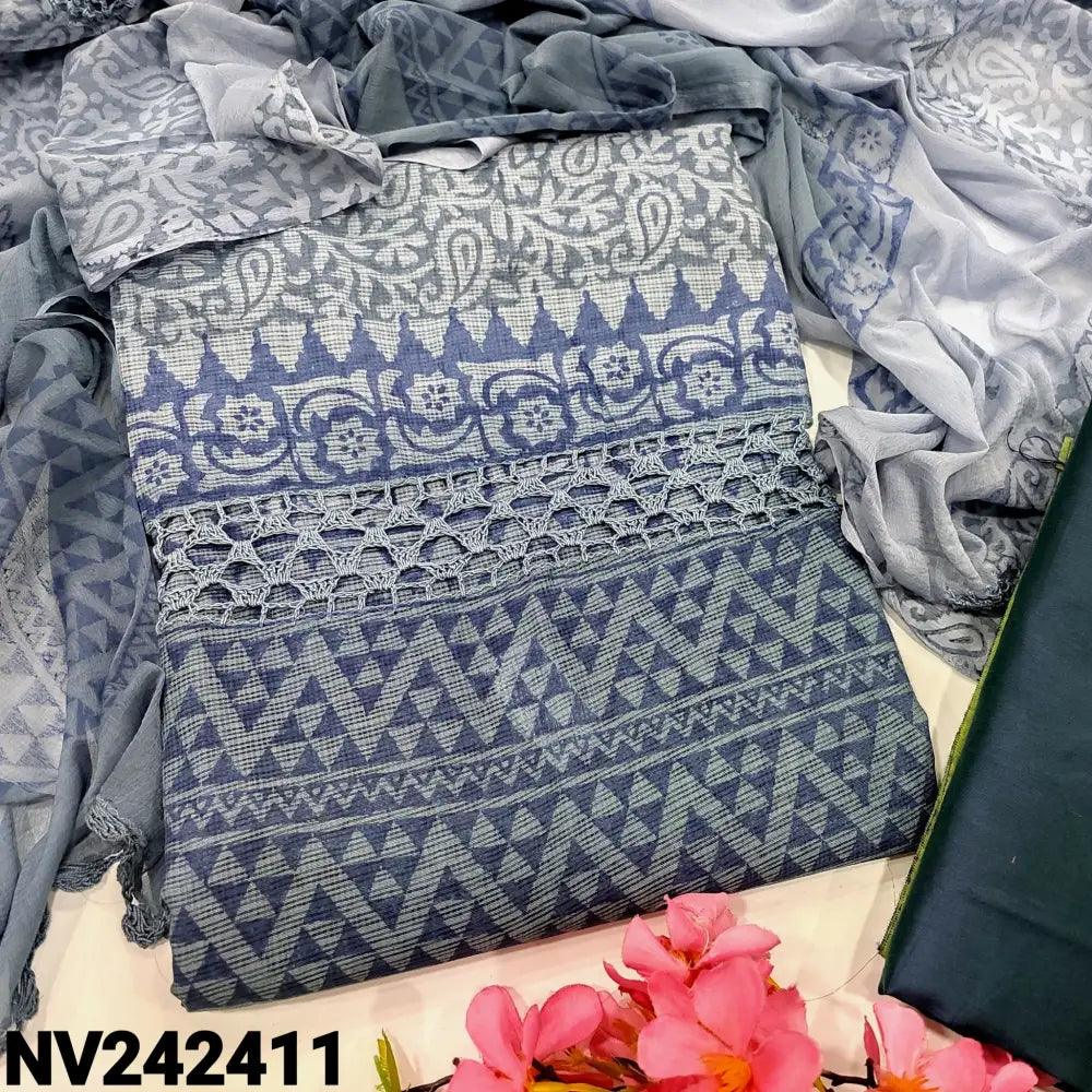 CODE NV242411: Dark& light grey fancy super net unstitched salwar material crochet lace work on front(netted fabric