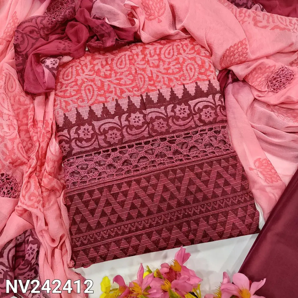 CODE NV242412: Dark& light peachish pink fancy super net unstitched salwar material crochet lace work on front(netted