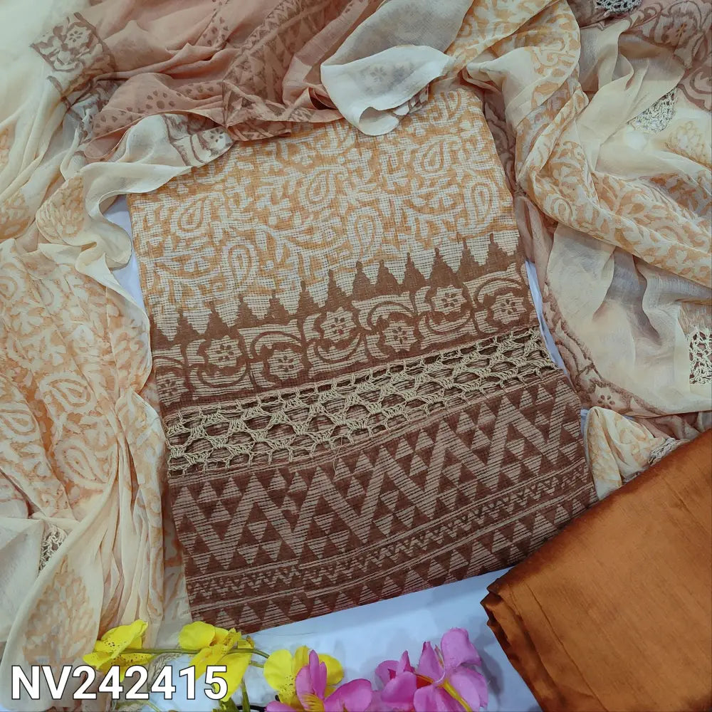CODE NV242415: Dark brown& beige fancy super net unstitched salwar material crochet lace work on front(netted fabric