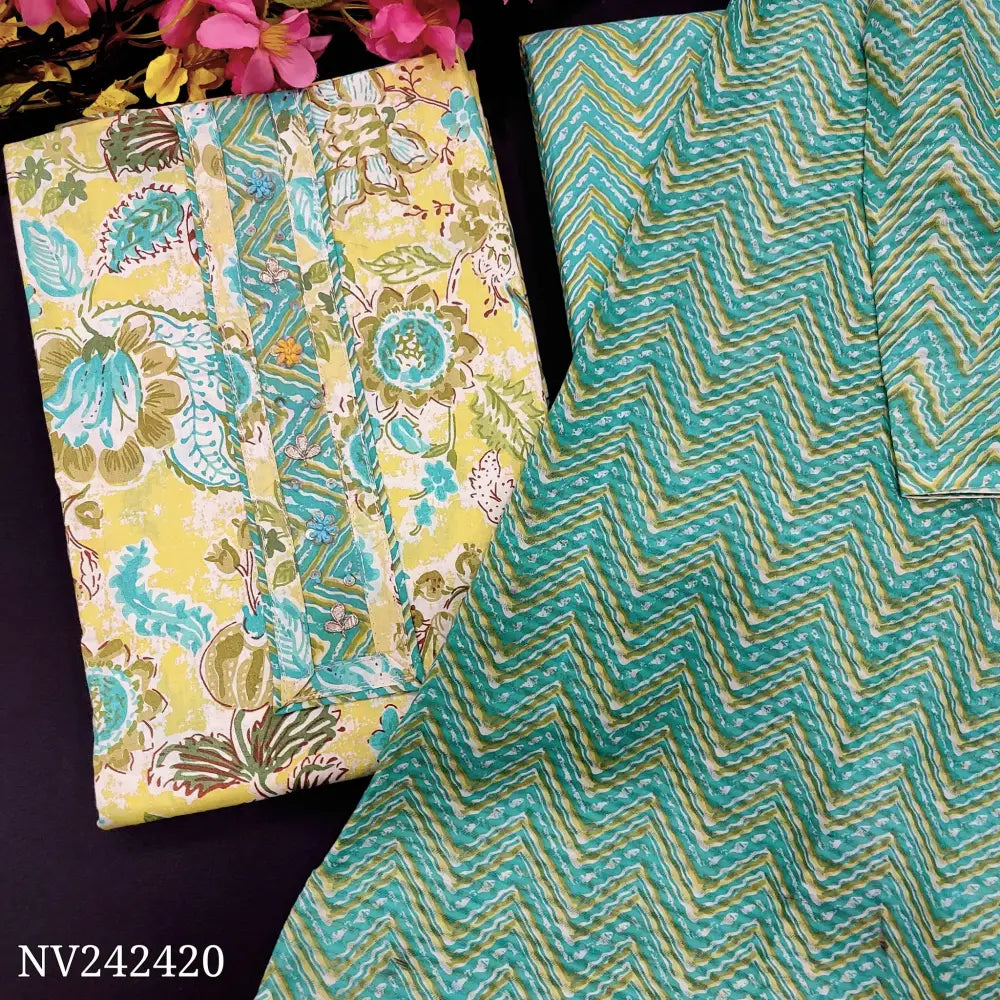 CODE NV242420: Pastel yellow printed soft cotton unstitched salwar material thread& sequins work on yoke(lining