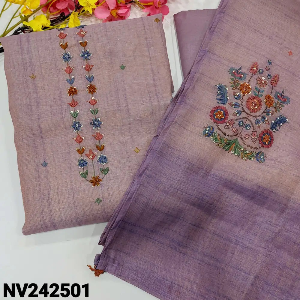 CODE NV242501: Lavender with golden tint tissue silk cotton unstitched salwar material hand embroidered& sequins work