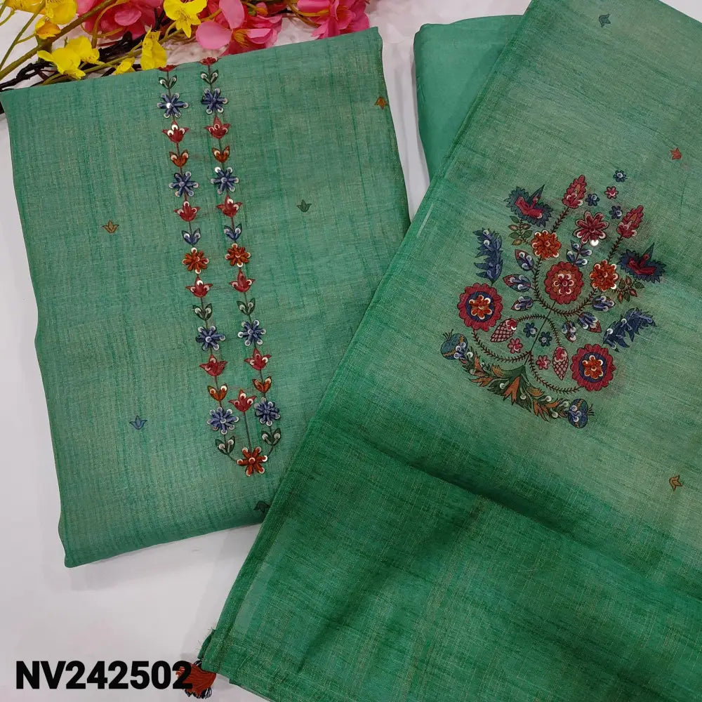 CODE NV242502: Turquoise green with golden tint tissue silk cotton unstitched salwar material hand embroidered& sequins