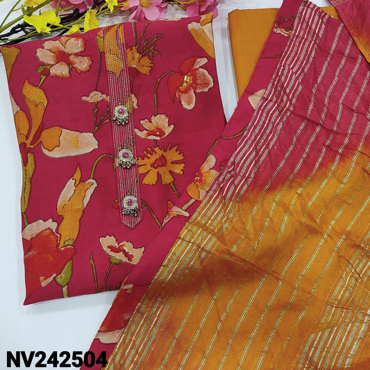 CODE NV242504: Bright pink floral printed modal maslin silk unstitched salwar material fancy buttons &real mirror work