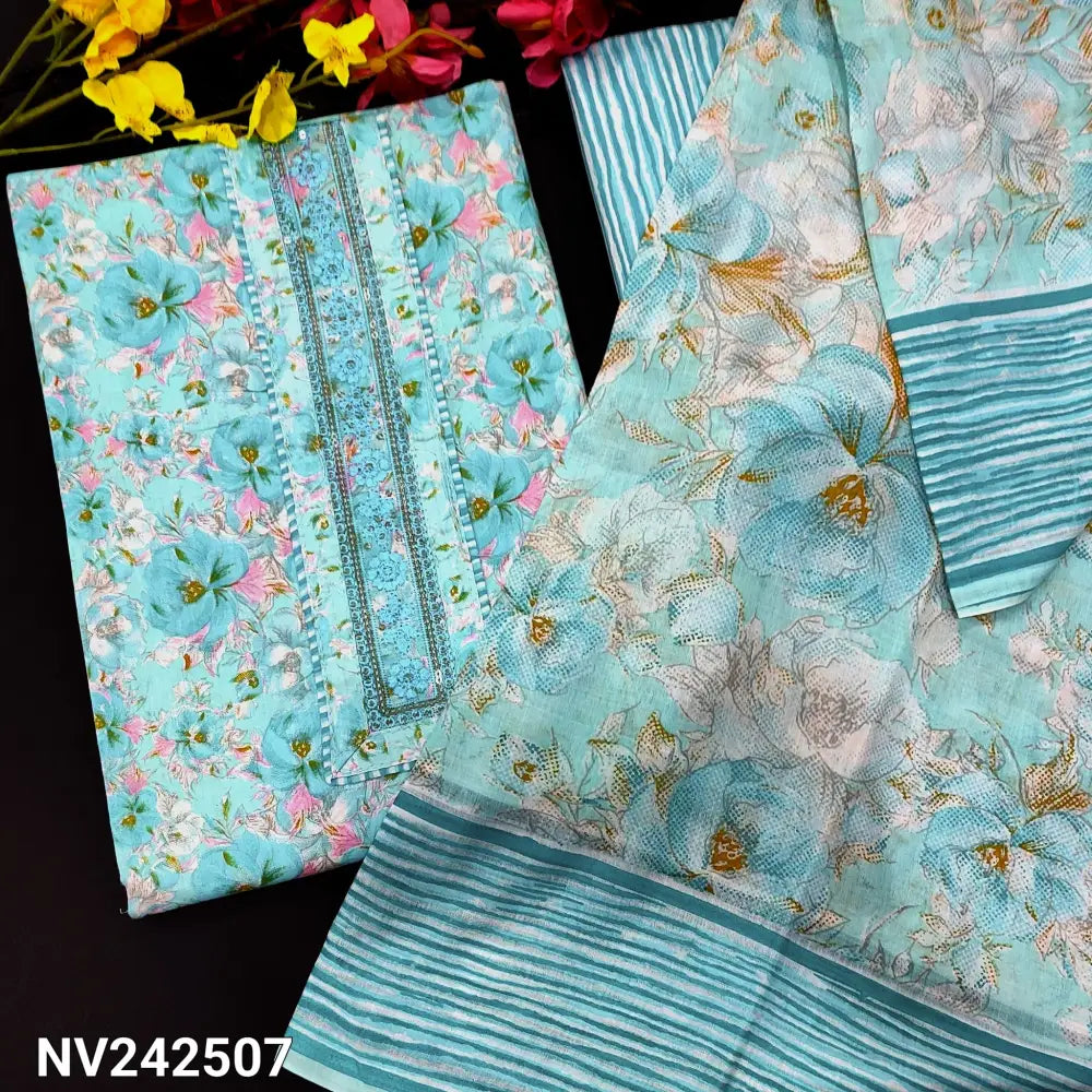 CODE NV242507: Pastel blue floral printed soft cotton unstitched salwar material embroidered& sequins work