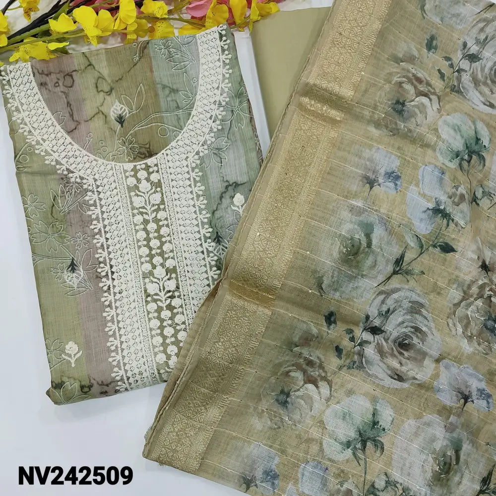 CODE NV242509: Multi color printed semi linen unstitched salwar material embroidered& sequins work on yoke(textured