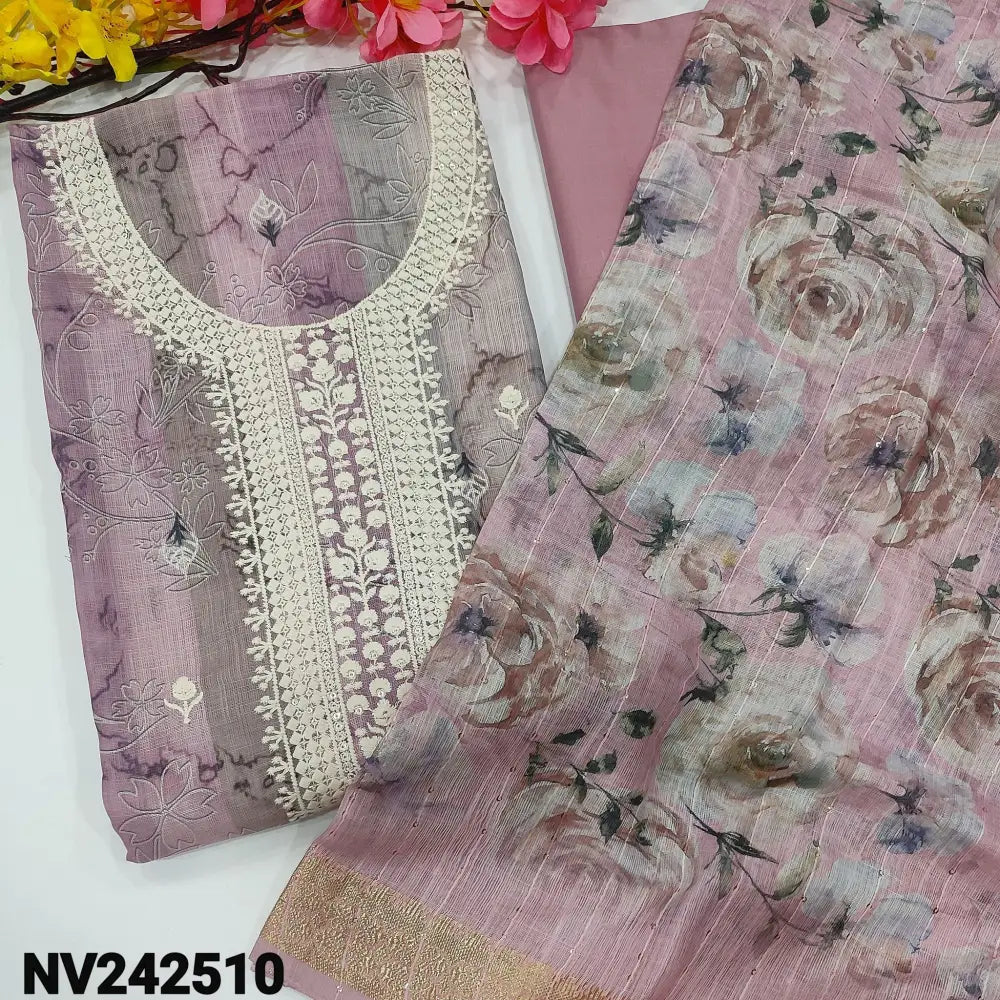 CODE NV242510: Multi color printed semi linen unstitched salwar material embroidered& sequins work on yoke(textured