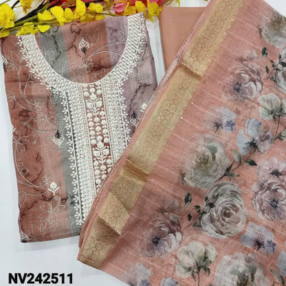 CODE NV242511: Multi color printed semi linen unstitched salwar material embroidered& sequins work on yoke(textured