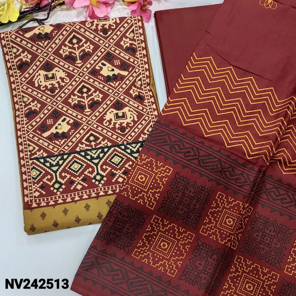 CODE NV242513: Mehandhi yellow printed premium soft cotton unstitched salwar material patola printed yoke with faux
