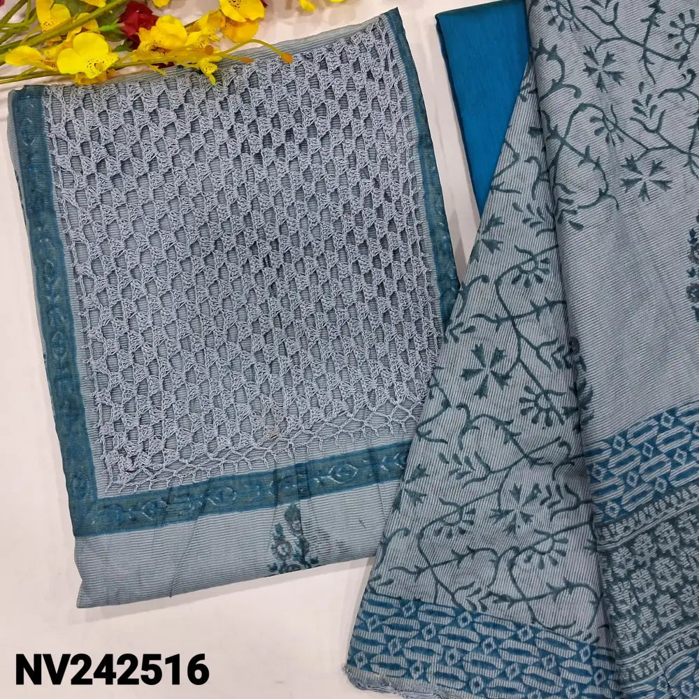 CODE NV242516: Bluish grey block printed fancy super net unstitched salwar material heavy crochet lace work on yoke&