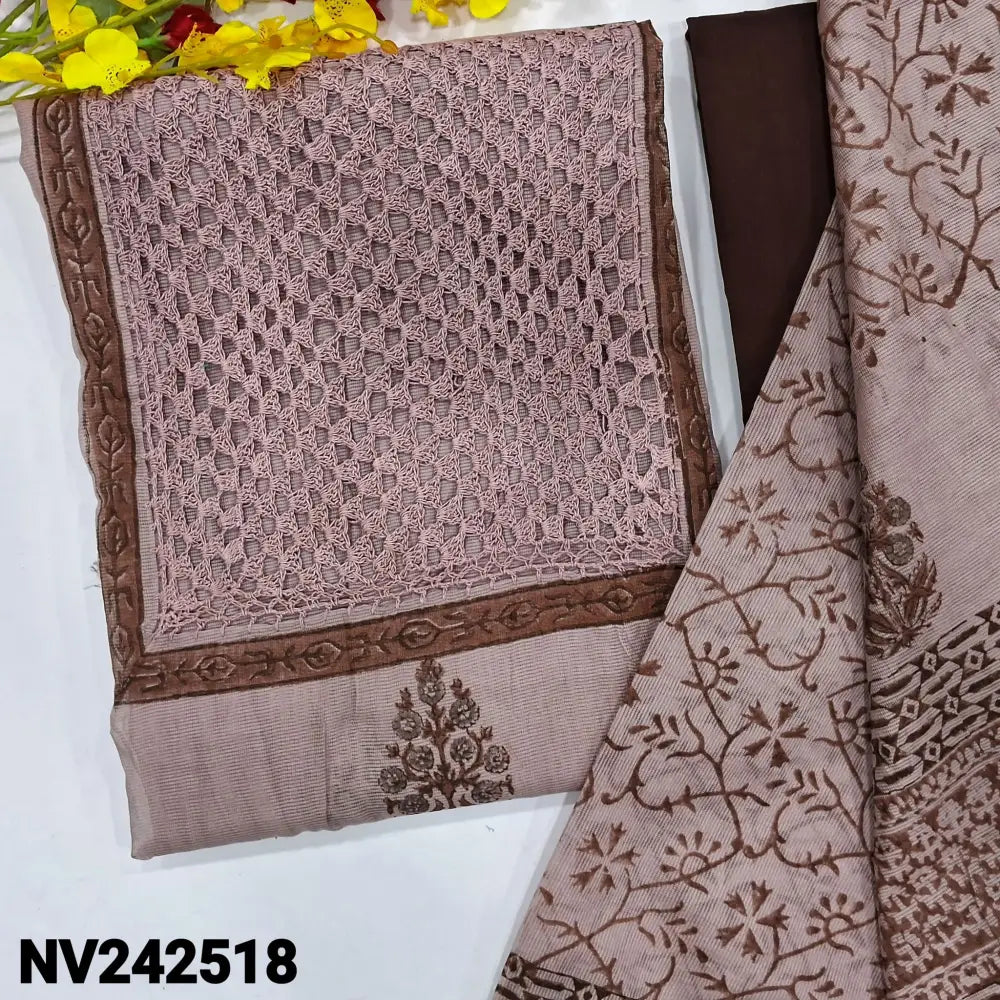 CODE NV242518: Pale pink block printed fancy super net unstitched salwar material heavy crochet lace work on yoke&