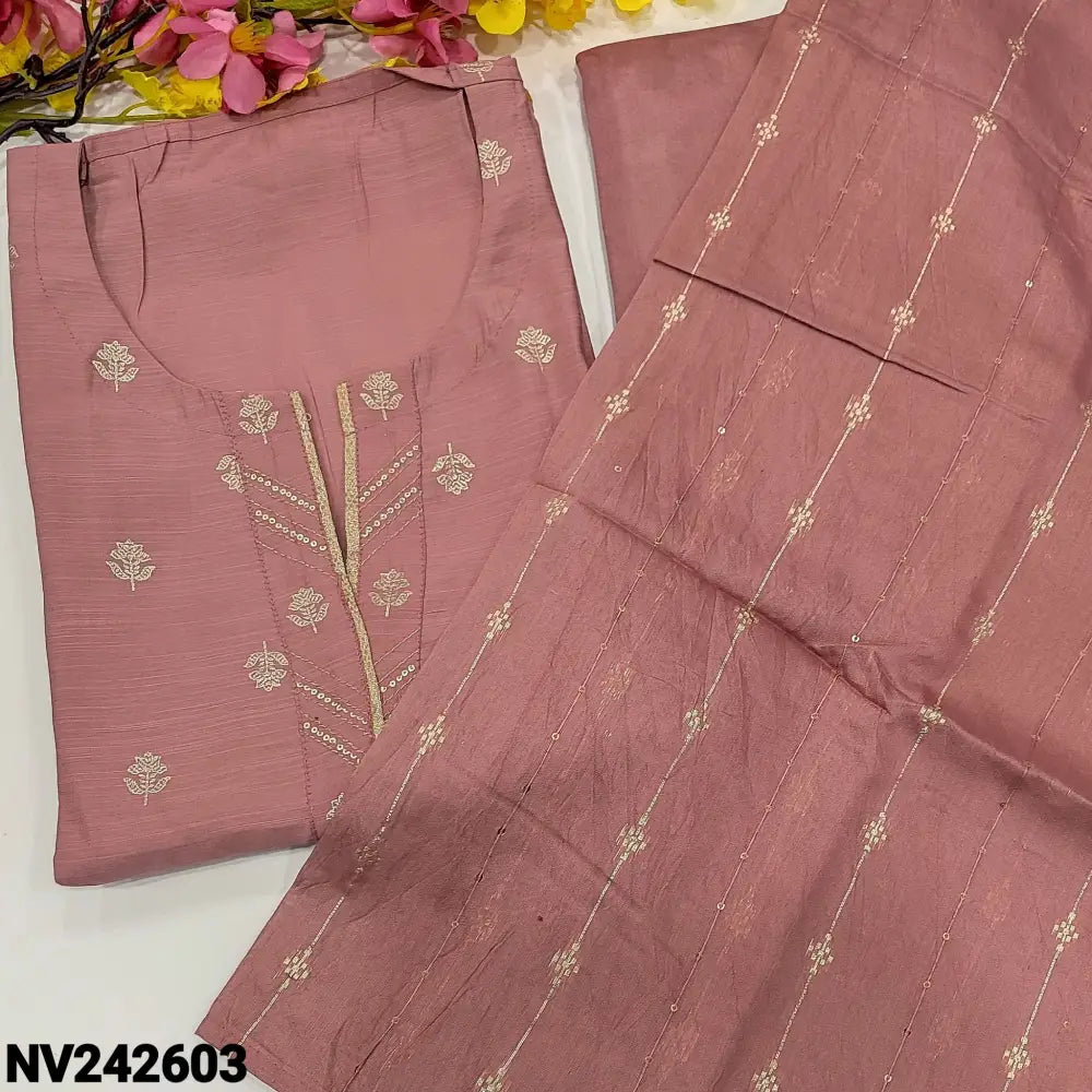 CODE NV242603: Pastel pink printed silk cotton unstitched salwar material zari& sequins work on yoke(thin fabric lining