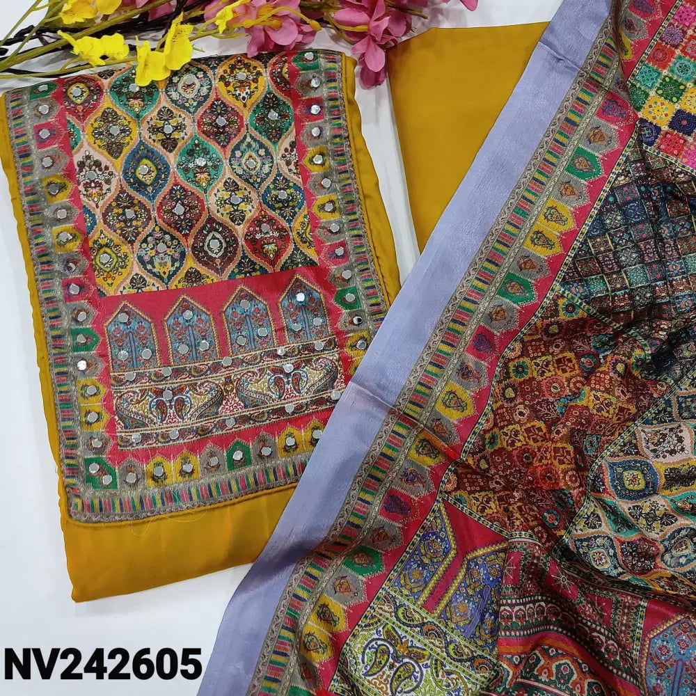 CODE NV242605: Bright mehandhi yellow rayon unstitched salwar material digital printed yoke patch with real mirror