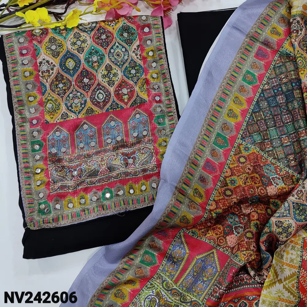 CODE NV242606: Black rayon unstitched salwar material digital printed yoke patch with real mirror work(lining