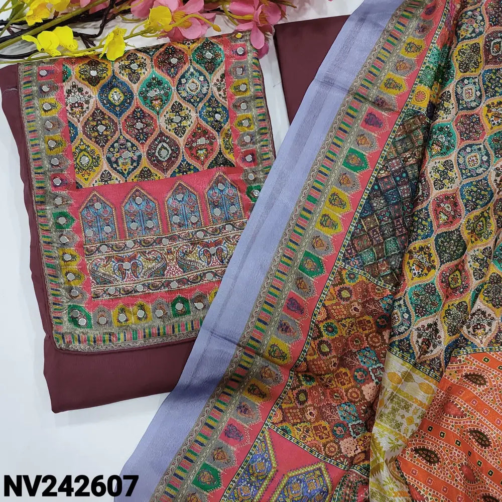 CODE NV242607: Dark mauve rayon unstitched salwar material digital printed yoke patch with real mirror work(lining