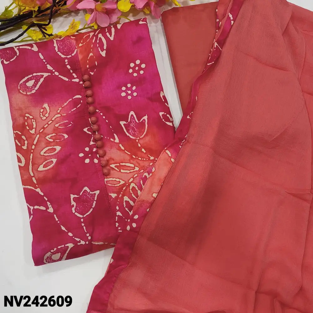 CODE NV242609: Pink &peach shaded printed satin cotton unstitched salwar material potli buttons on yoke(lining