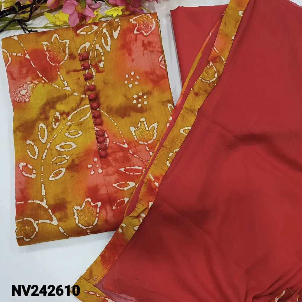 CODE NV242610: Mehandhi yellow& peachish pink shaded printed satin cotton unstitched salwar material potli buttons