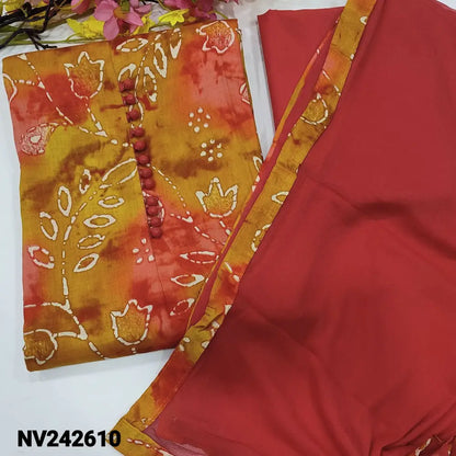 CODE NV242610: Mehandhi yellow& peachish pink shaded printed satin cotton unstitched salwar material potli buttons