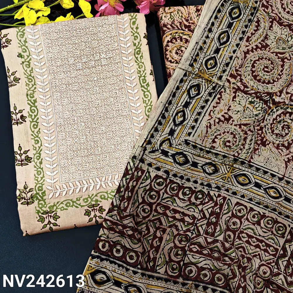CODE NV242613: Beige base LIGHT GREEN block printed satin cotton unstitched salwar material heavy embroidered& sequins