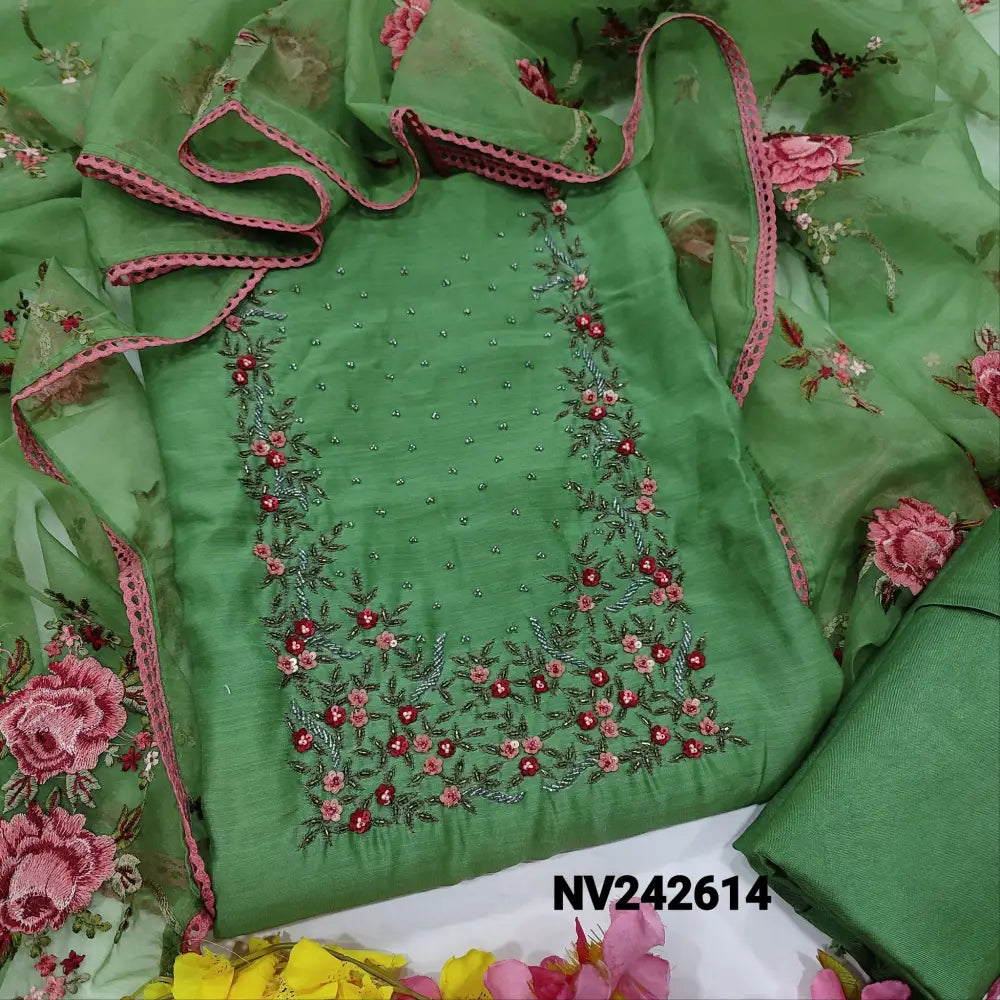 CODE NV242614: Light green designer premium silk cotton unstitched salwar material rich bead work on yoke(thin fabric