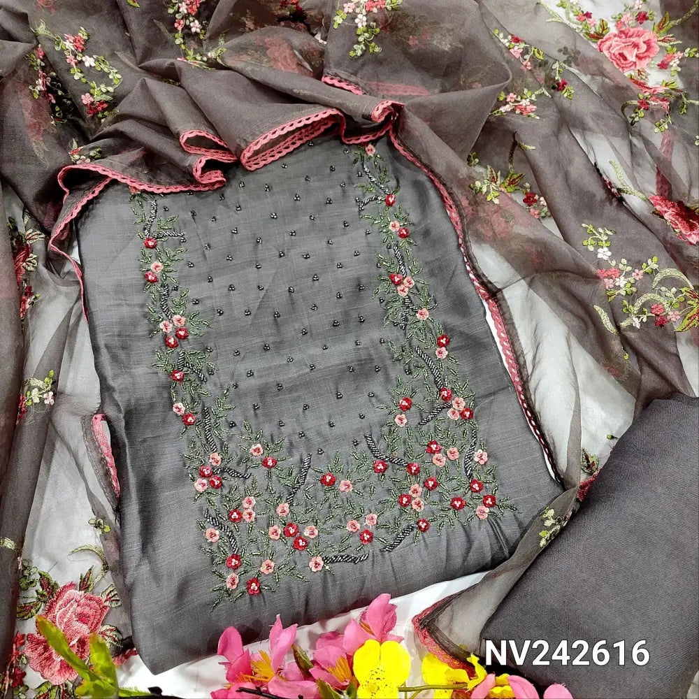 CODE NV242616: Grey designer premium silk cotton unstitched salwar material rich bead work on yoke(thin fabric lining